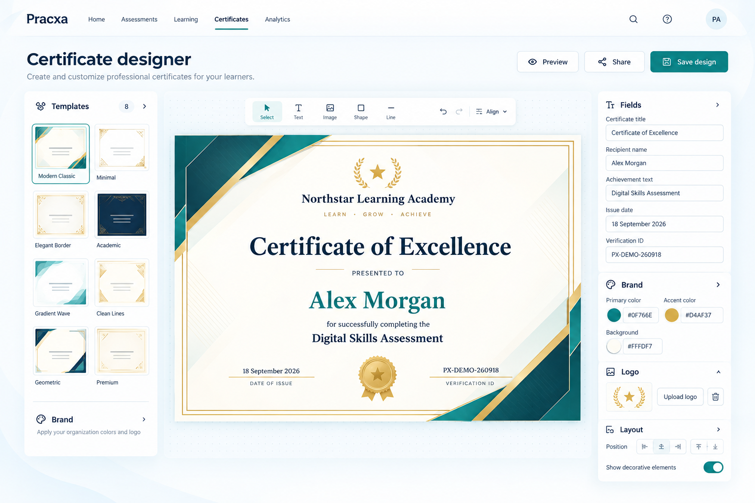 Pracxa custom certificate designer showing fictional templates, editable fields, brand colors, logo controls and a demo Certificate of Excellence.