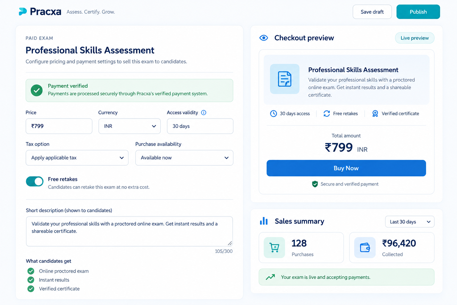 Pracxa paid-exam setup showing fictional pricing, verified checkout preview and sales summary.