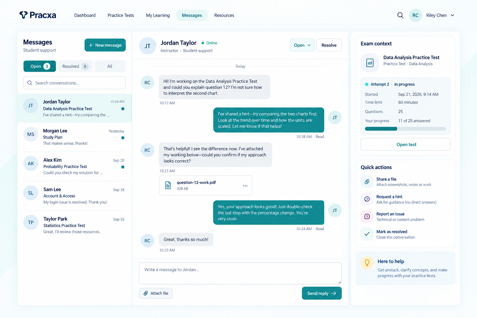 Pracxa student and instructor chat showing fictional participants, exam context, attachments and support messages.