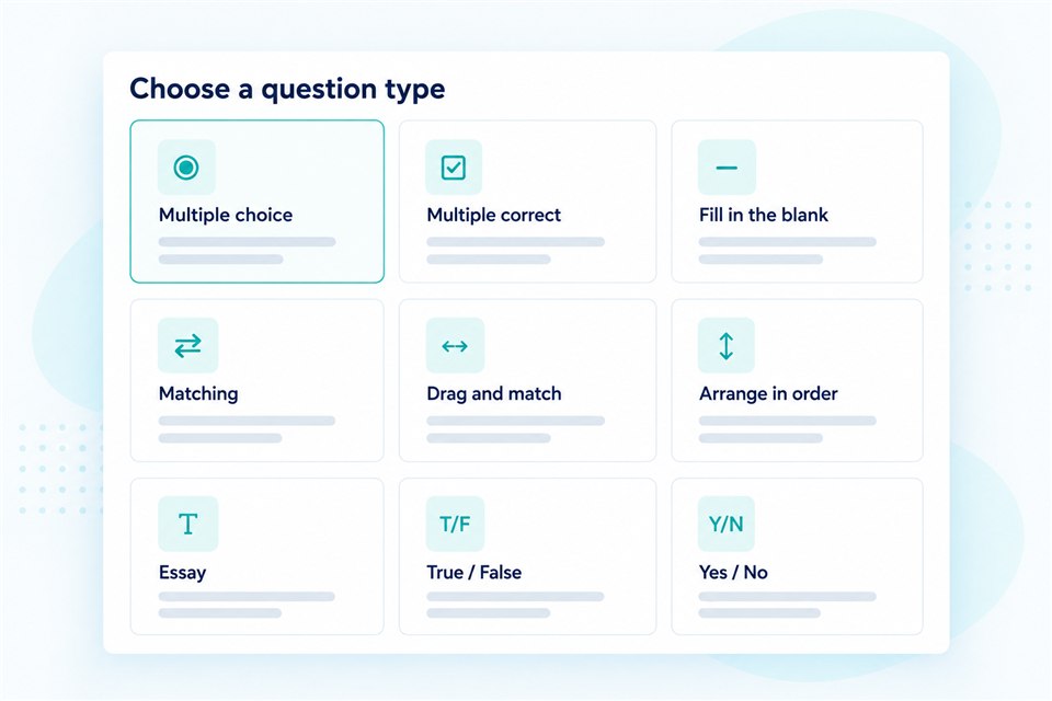 Pracxa question type selector showing multiple choice, multiple correct, fill in the blank, matching, drag and match, arrange in order, essay, true or false, and yes or no question formats.